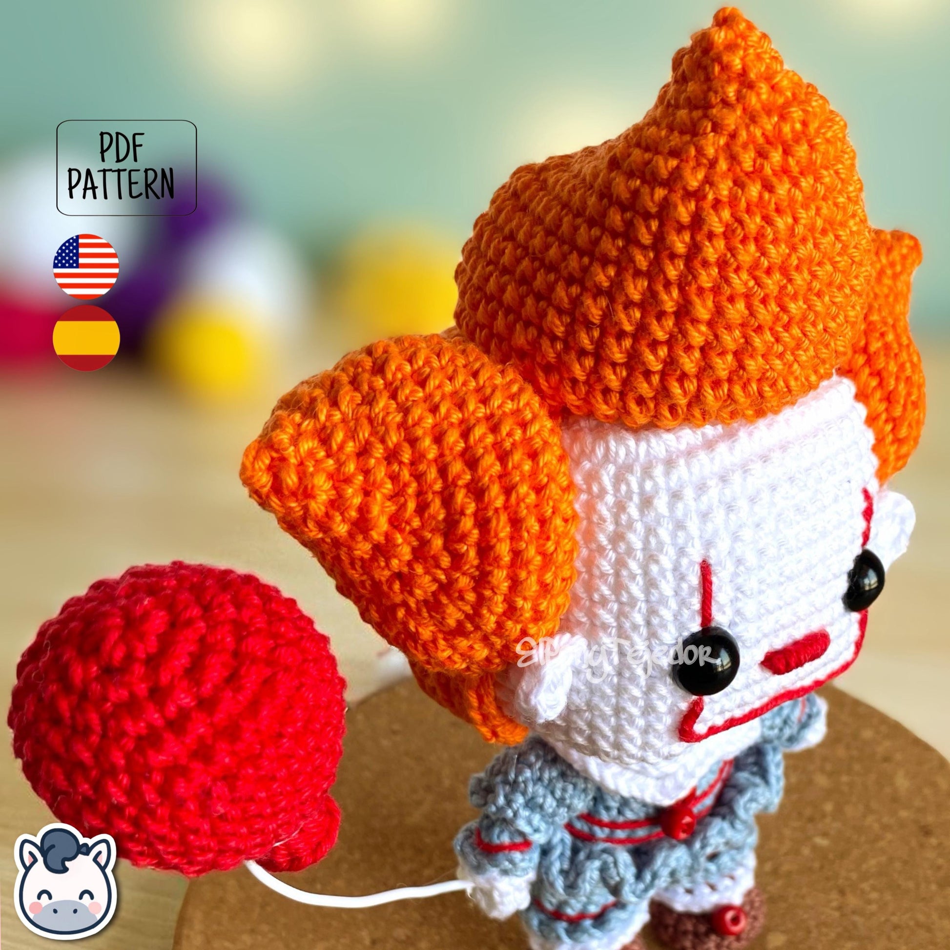 Handmade Pennywise amigurumi inspired by Stephen King’s IT, creepy clown horror crochet pattern PDF perfect for Halloween and geek fans.