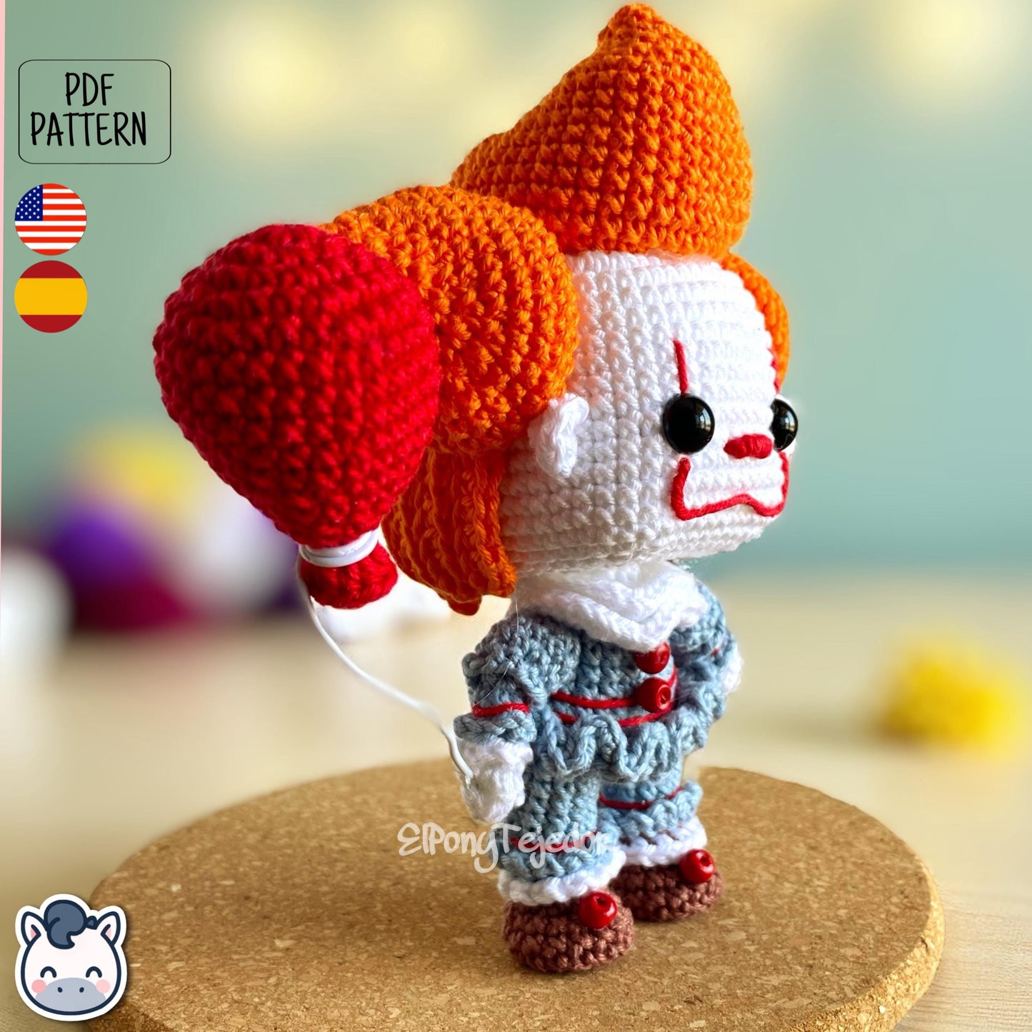 Handmade Pennywise amigurumi inspired by Stephen King’s IT, creepy clown horror crochet pattern PDF perfect for Halloween and geek fans.