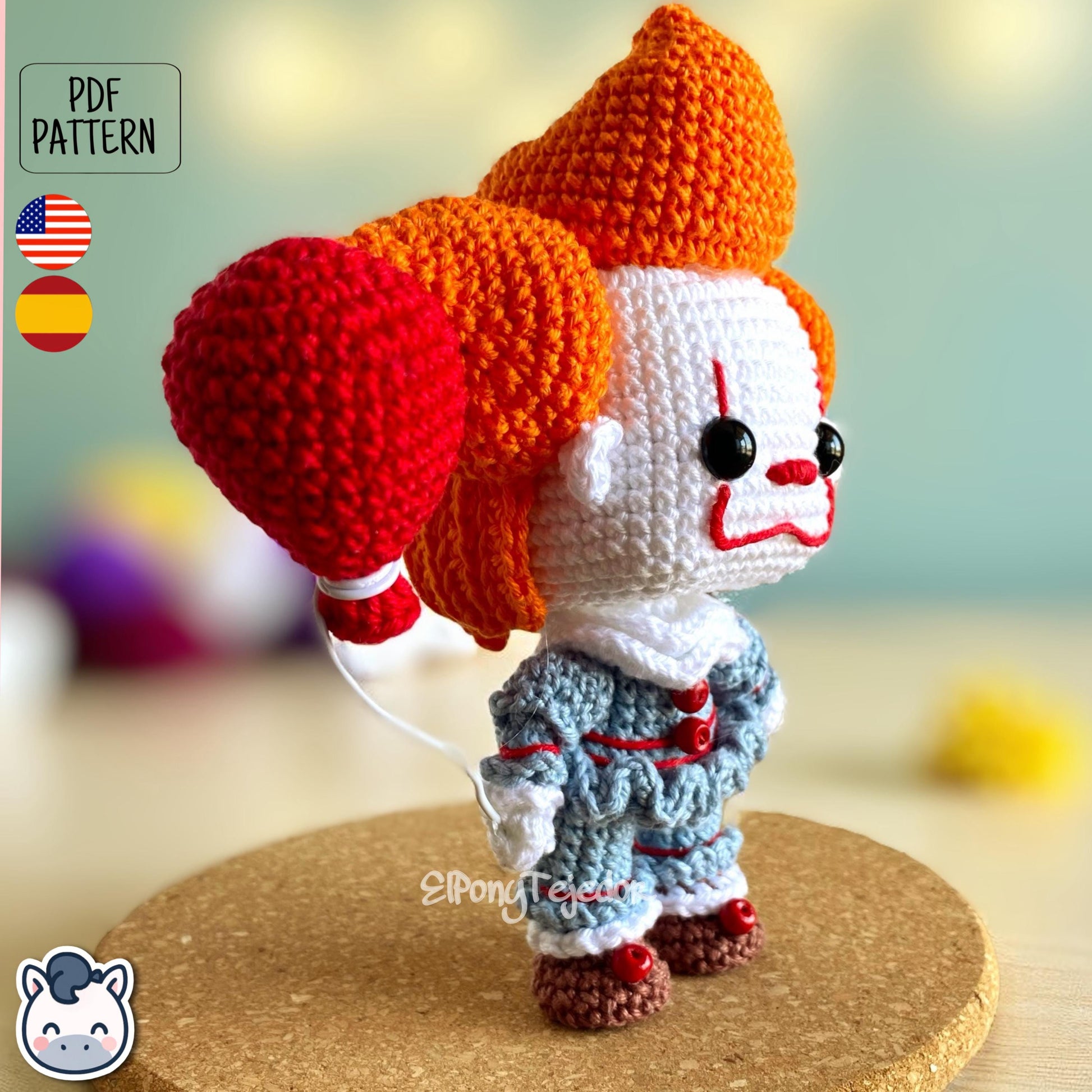 Handmade Pennywise amigurumi inspired by Stephen King’s IT, creepy clown horror crochet pattern PDF perfect for Halloween and geek fans.