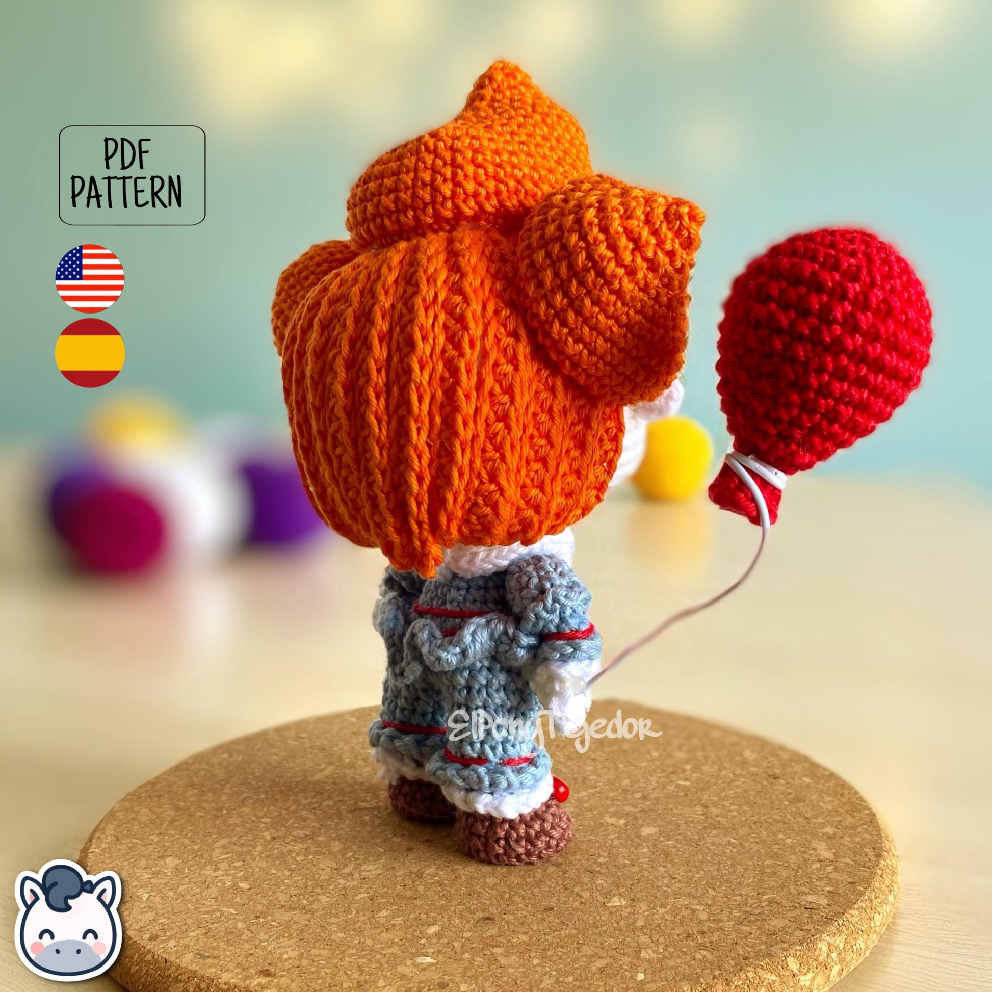 Handmade Pennywise amigurumi inspired by Stephen King’s IT, creepy clown horror crochet pattern PDF perfect for Halloween and geek fans.