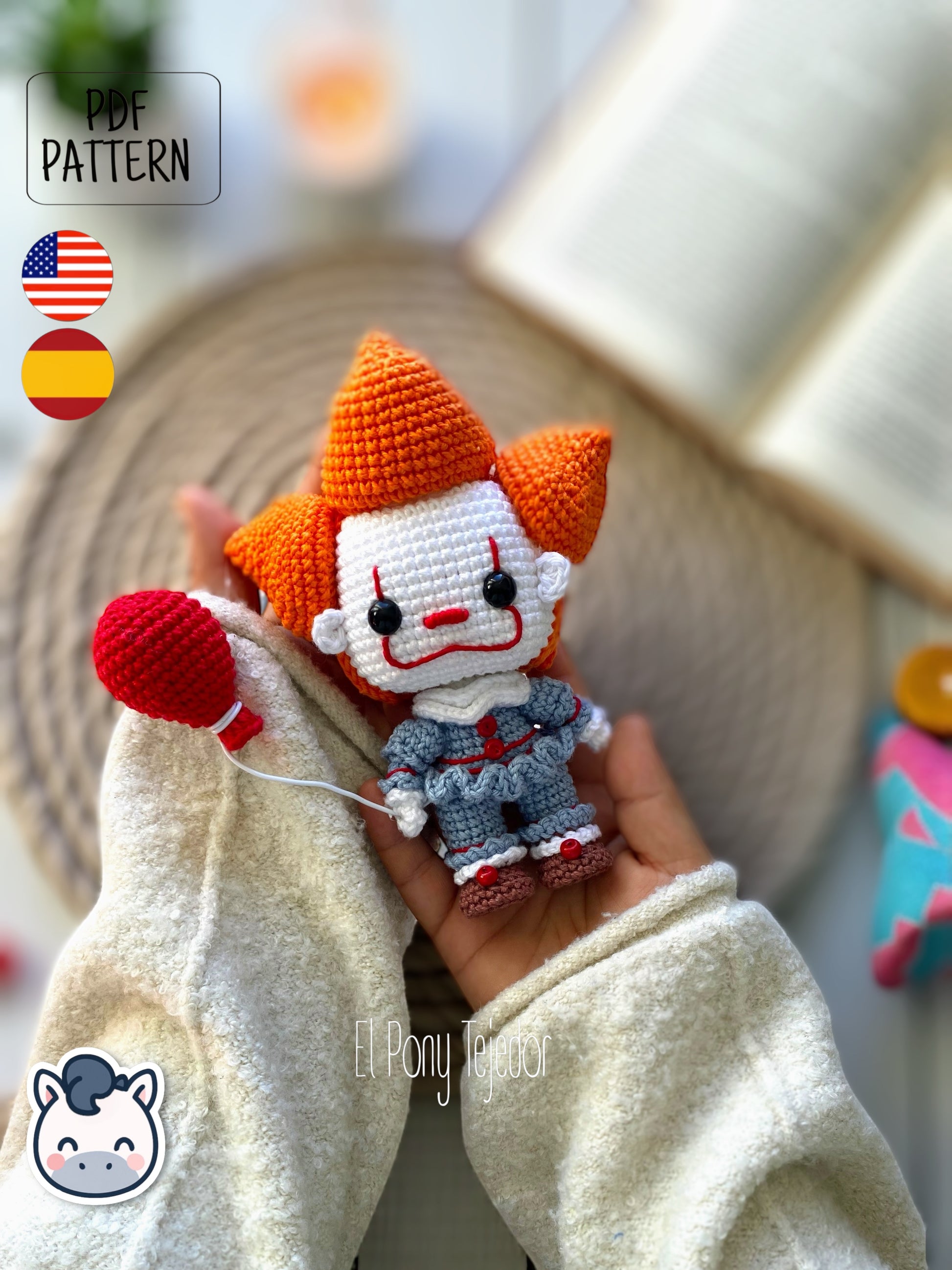 Handmade Pennywise amigurumi inspired by Stephen King’s IT, creepy clown horror crochet pattern PDF perfect for Halloween and geek fans.