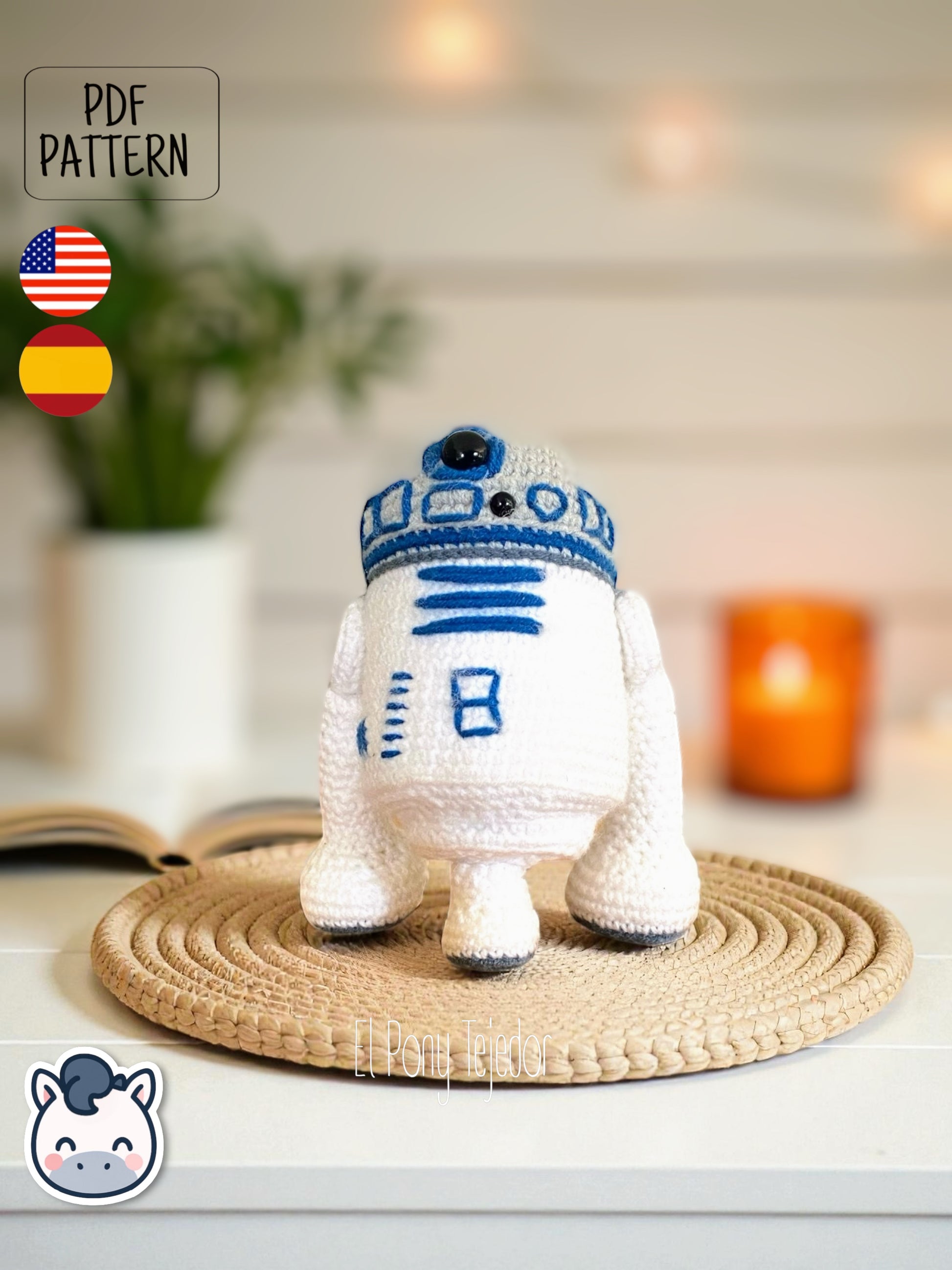 Handmade R2-D2 amigurumi inspired by Star Wars, a perfect pattern for fans of droids, sci-fi adventures, and classic geek crochet collectibles.