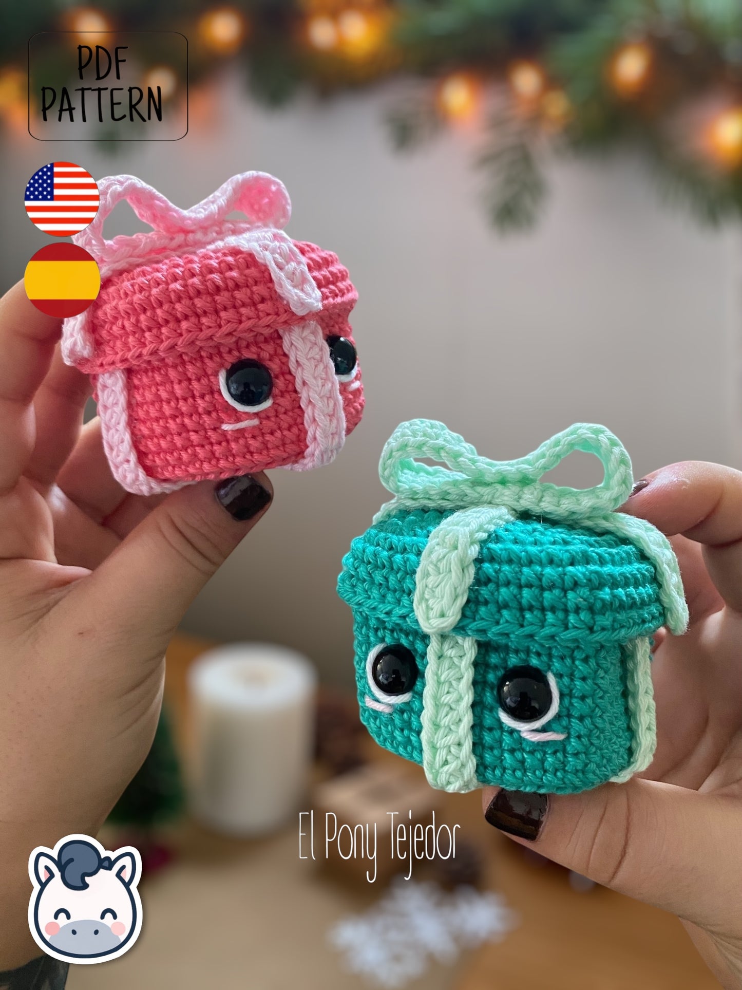 Handmade Kawaii Christmas Presents amigurumi inspired by Holiday Decor, cute gift crochet pattern PDF.