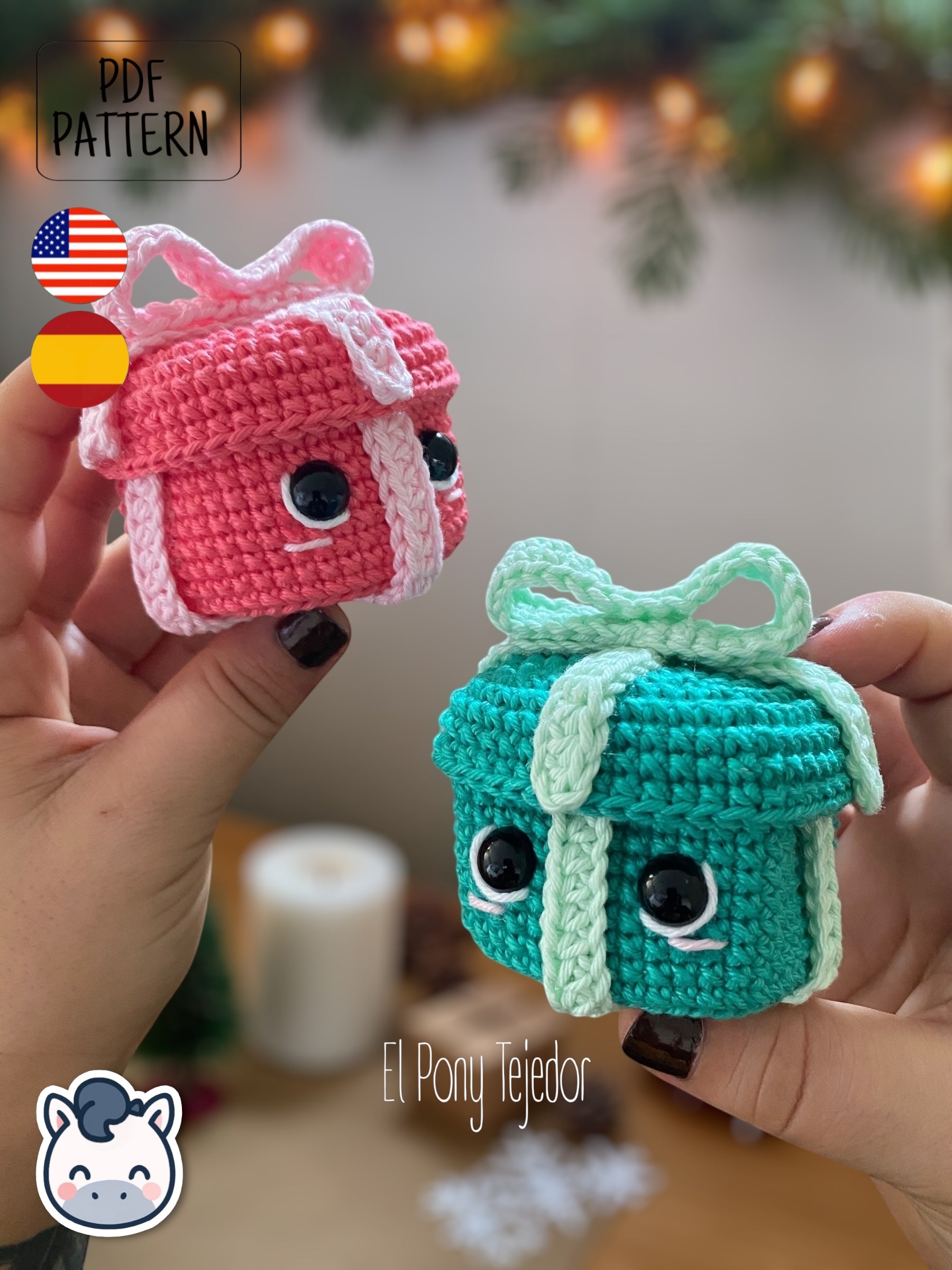 Handmade Kawaii Christmas Presents amigurumi inspired by Holiday Decor, cute gift crochet pattern PDF.