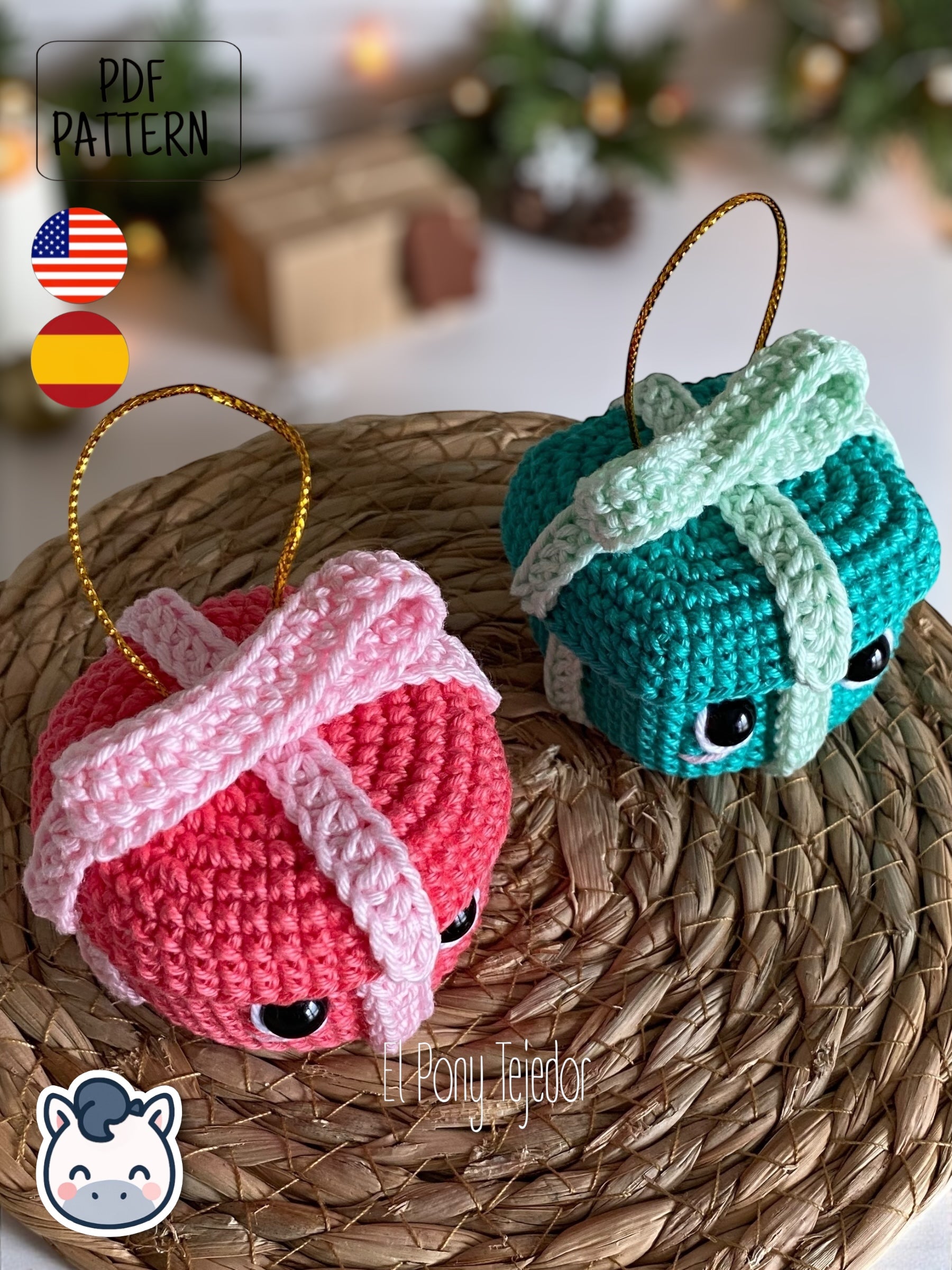 Handmade Kawaii Christmas Presents amigurumi inspired by Holiday Decor, cute gift crochet pattern PDF.