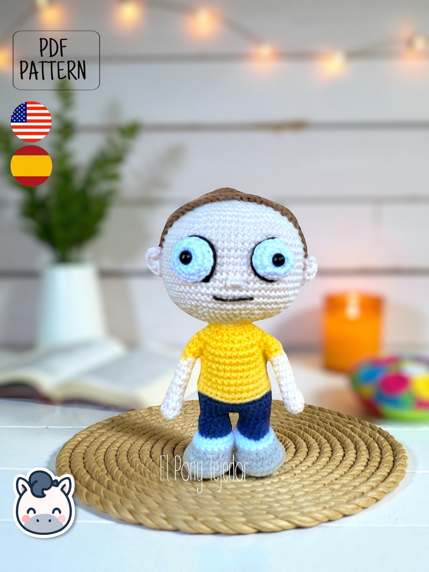 Handmade Rick and Morty amigurumi inspired by Adult Swim’s Rick and Morty, geeky crochet pattern PDF perfect for fans of sci-fi, multiverse adventures, and collectible plush toys.
