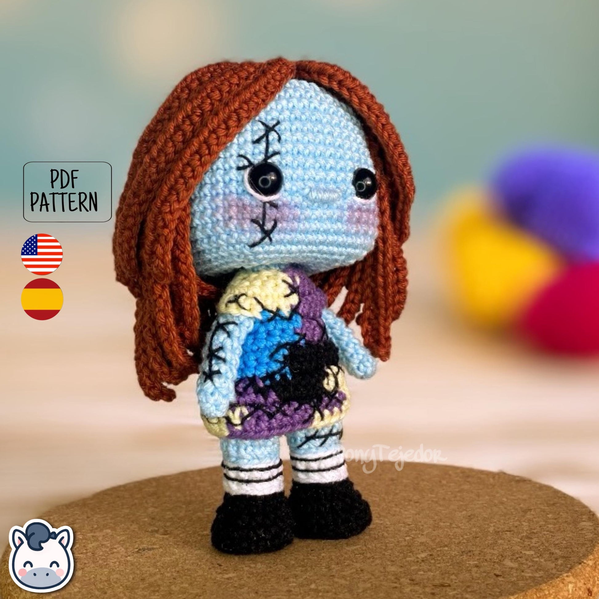 Handmade Sally amigurumi inspired by Tim Burton’s The Nightmare Before Christmas, cute gothic Halloween crochet pattern PDF.