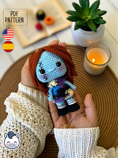 Handmade Sally amigurumi inspired by Tim Burton’s The Nightmare Before Christmas, cute gothic Halloween crochet pattern PDF.