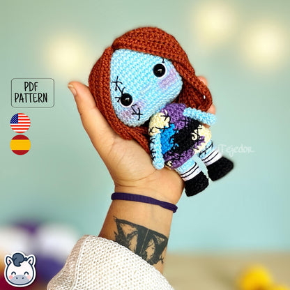Handmade Sally amigurumi inspired by Tim Burton’s The Nightmare Before Christmas, cute gothic Halloween crochet pattern PDF.