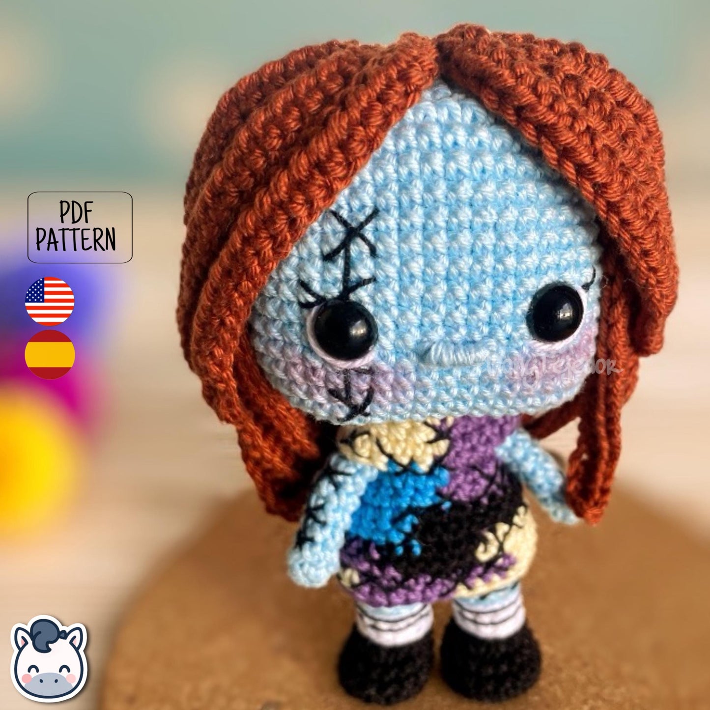 Handmade Sally amigurumi inspired by Tim Burton’s The Nightmare Before Christmas, cute gothic Halloween crochet pattern PDF.