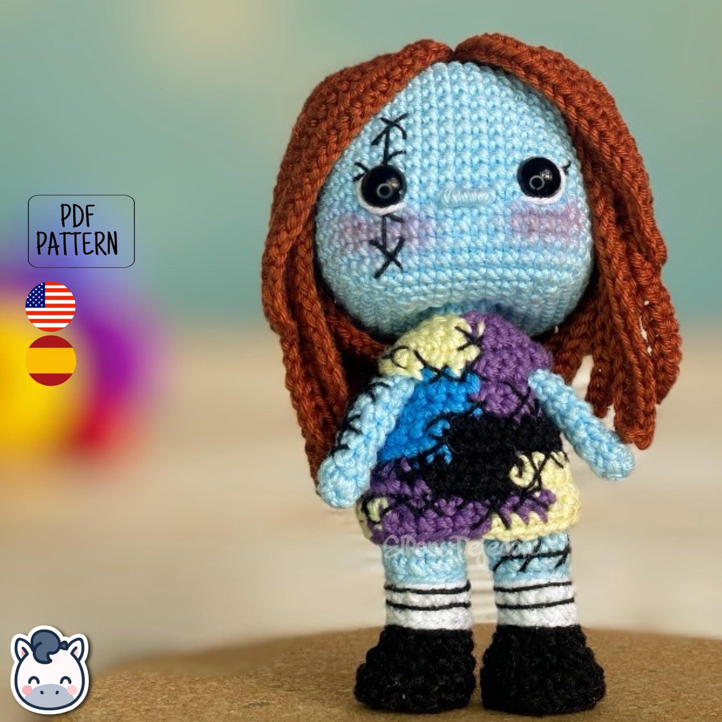 Handmade Sally amigurumi inspired by Tim Burton’s The Nightmare Before Christmas, cute gothic Halloween crochet pattern PDF.