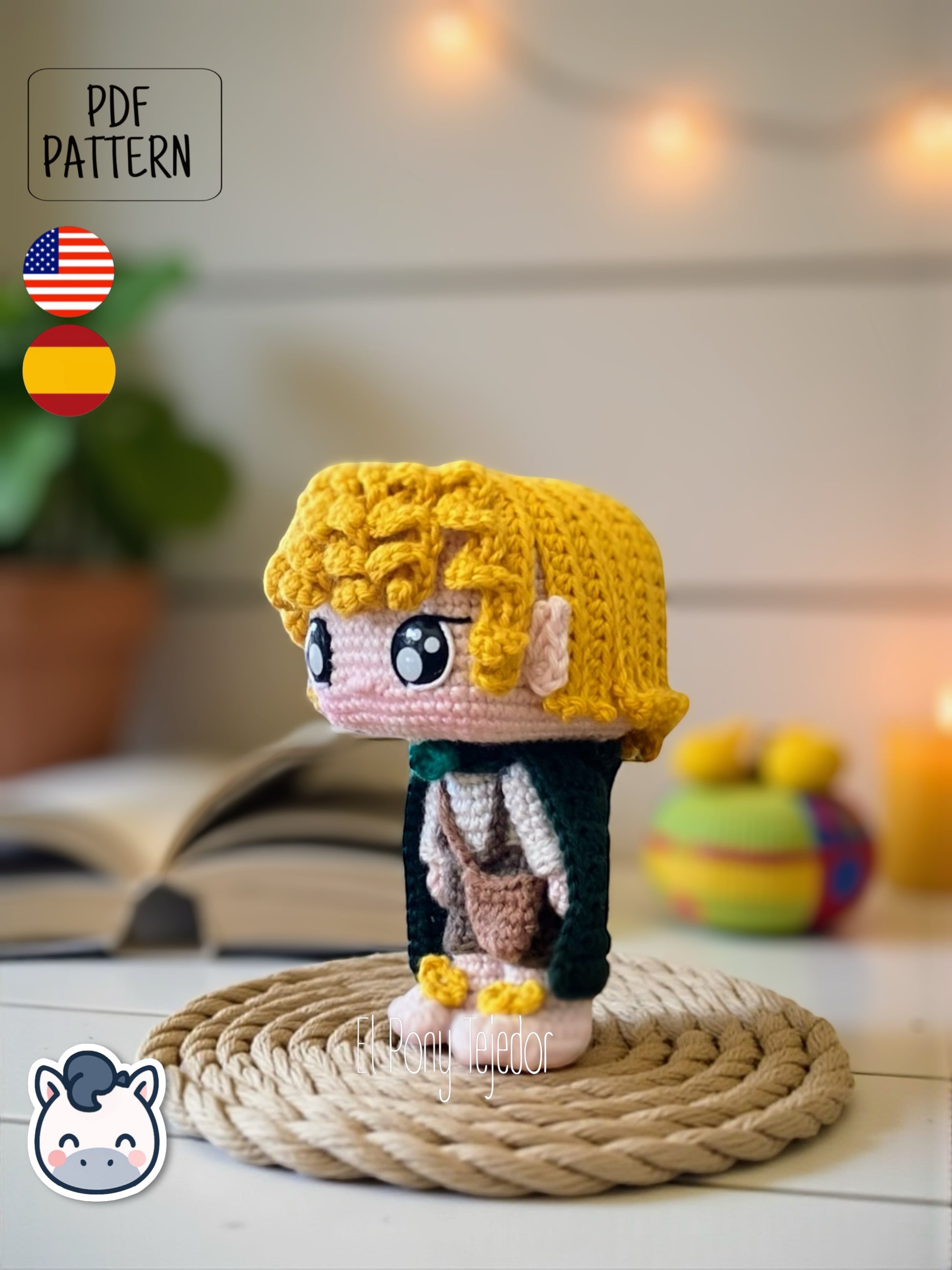 Handmade Samwise Gamgee amigurumi inspired by The Lord of the Rings, a fantasy crochet pattern PDF perfect for Tolkien fans, collectors and geek plush lovers.
