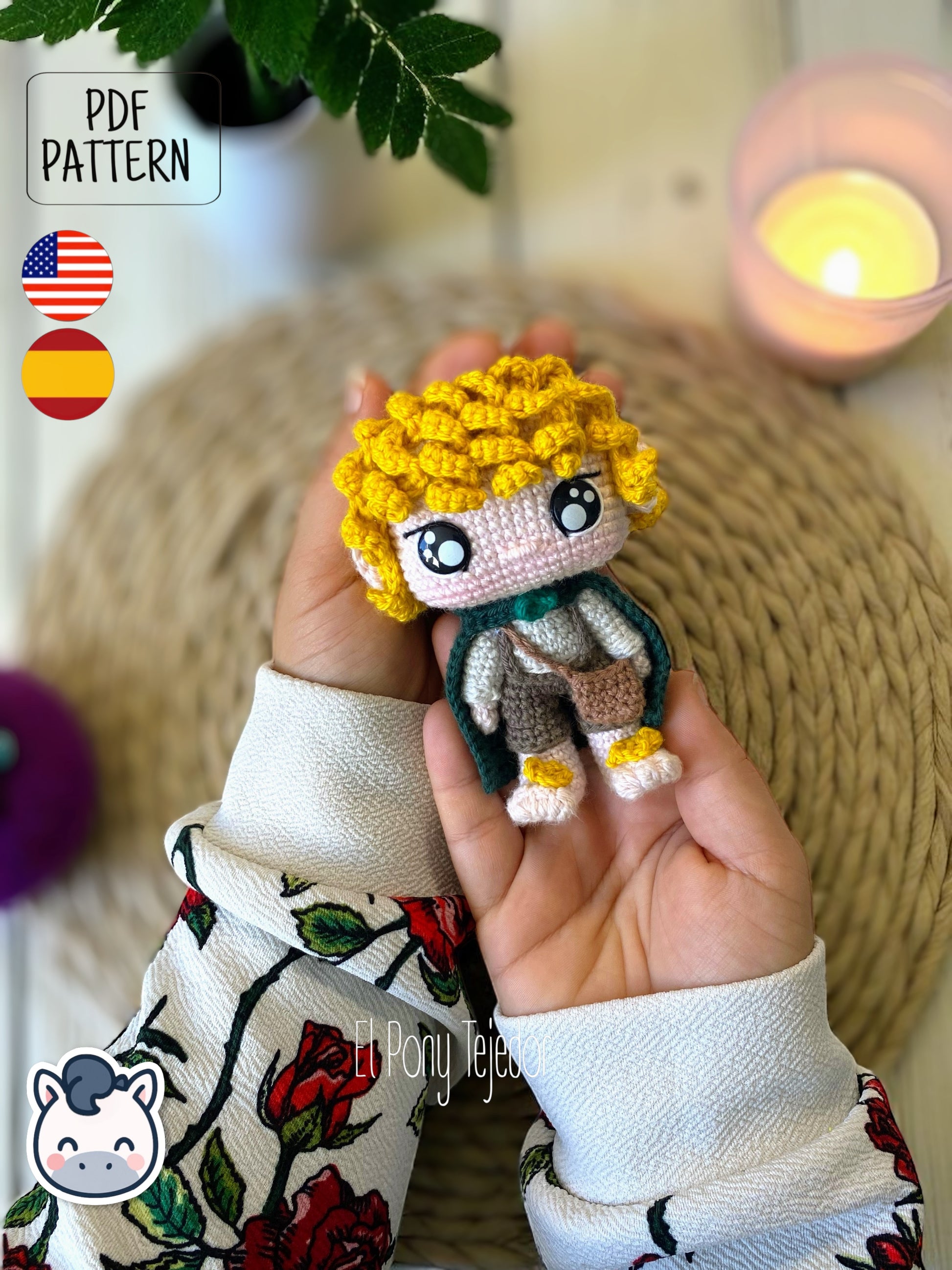 Handmade Samwise Gamgee amigurumi inspired by The Lord of the Rings, a fantasy crochet pattern PDF perfect for Tolkien fans, collectors and geek plush lovers.