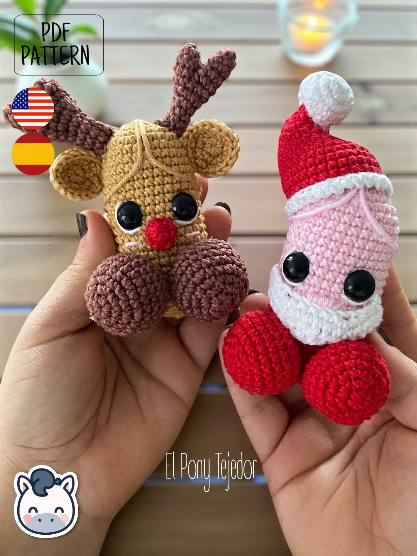 Handmade Santa & Reindeer willy amigurumi inspired by festive Christmas ornaments, funny holiday crochet pattern PDF perfect for fans of cozy handmade decorations.
