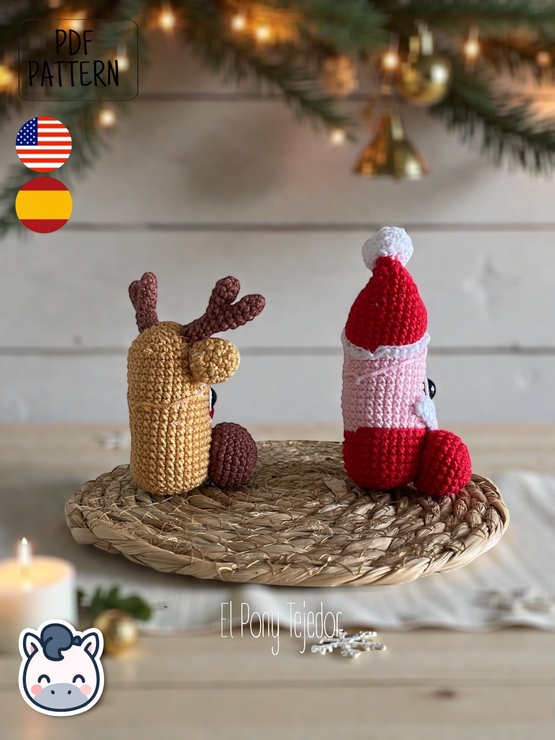 Handmade Santa & Reindeer willy amigurumi inspired by festive Christmas ornaments, funny holiday crochet pattern PDF perfect for fans of cozy handmade decorations.