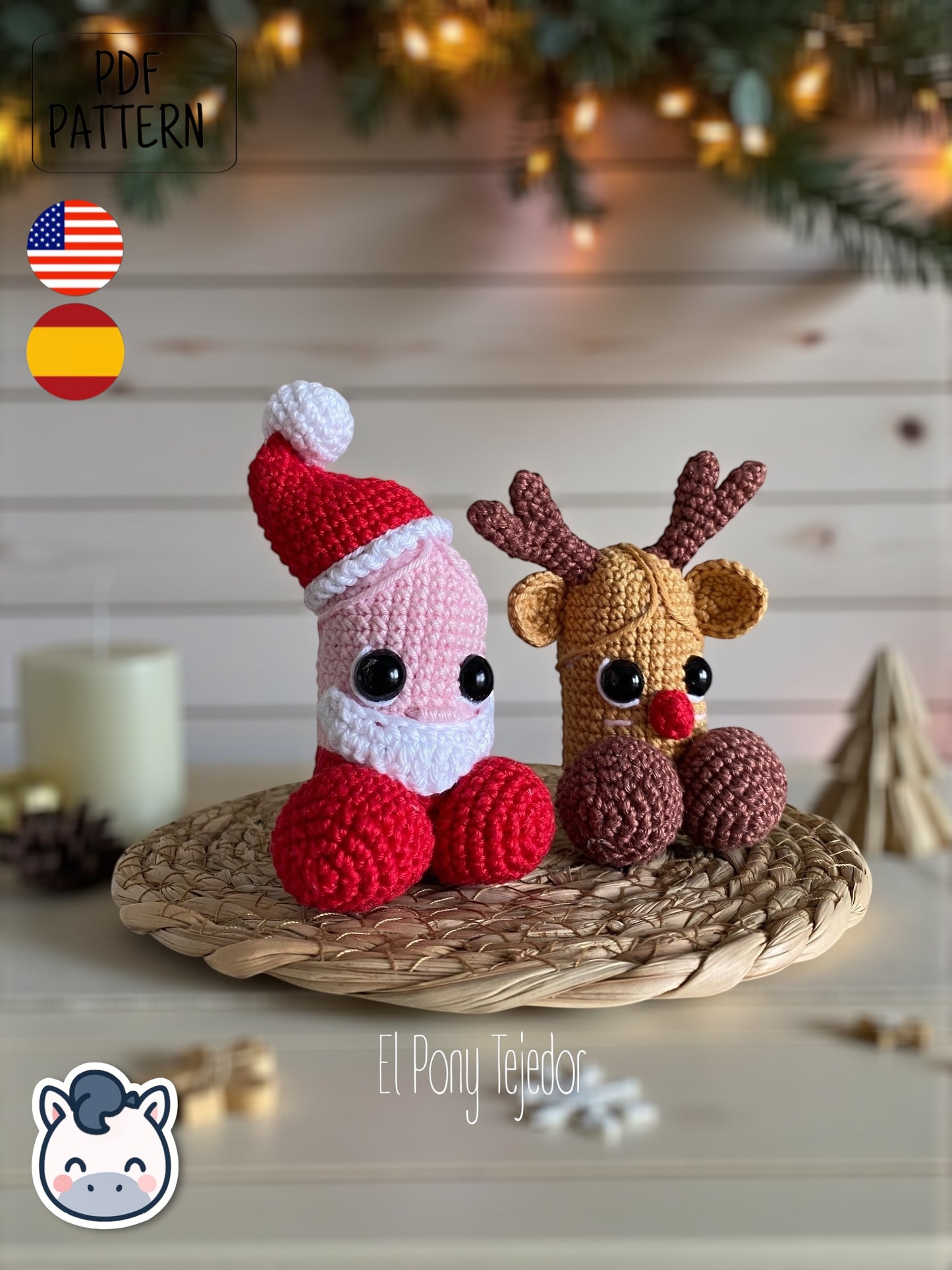 Handmade Santa & Reindeer willy amigurumi inspired by festive Christmas ornaments, funny holiday crochet pattern PDF perfect for fans of cozy handmade decorations.
