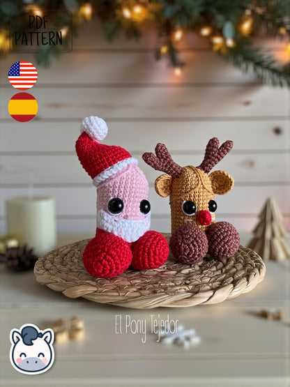 Handmade Santa & Reindeer willy amigurumi inspired by festive Christmas ornaments, funny holiday crochet pattern PDF perfect for fans of cozy handmade decorations.