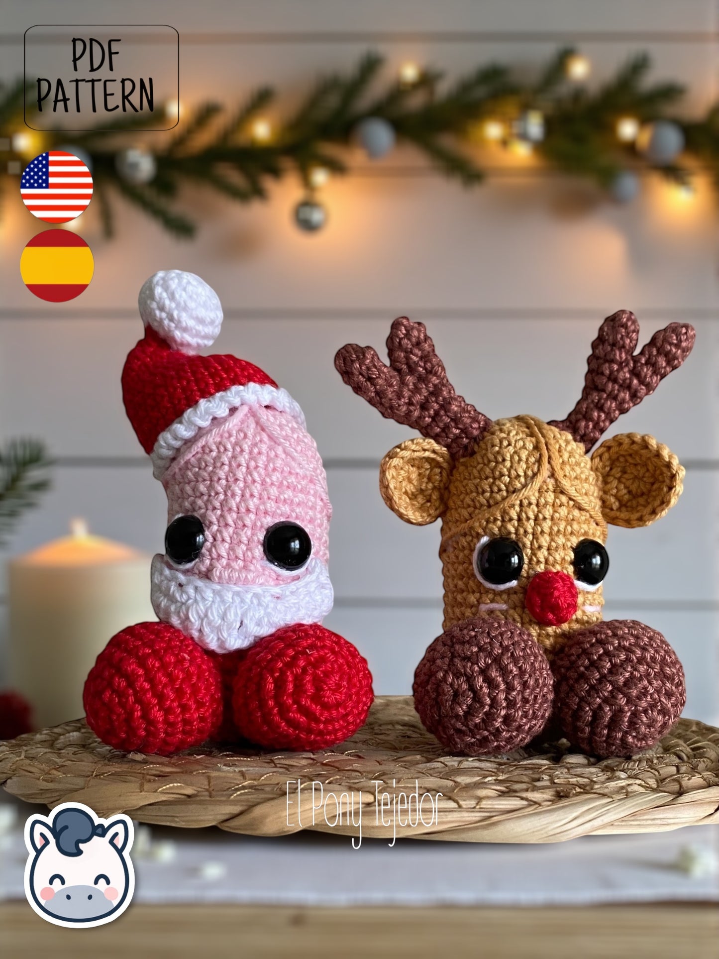 Handmade Santa & Reindeer willy amigurumi inspired by festive Christmas ornaments, funny holiday crochet pattern PDF perfect for fans of cozy handmade decorations.
