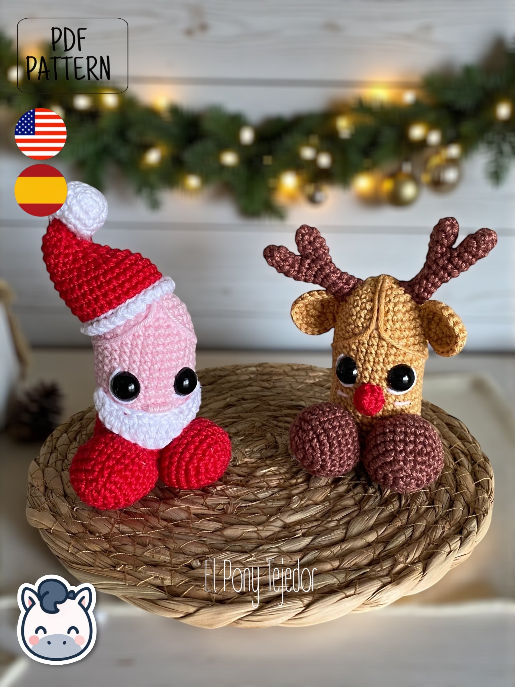 Handmade Santa & Reindeer willy amigurumi inspired by festive Christmas ornaments, funny holiday crochet pattern PDF perfect for fans of cozy handmade decorations.
