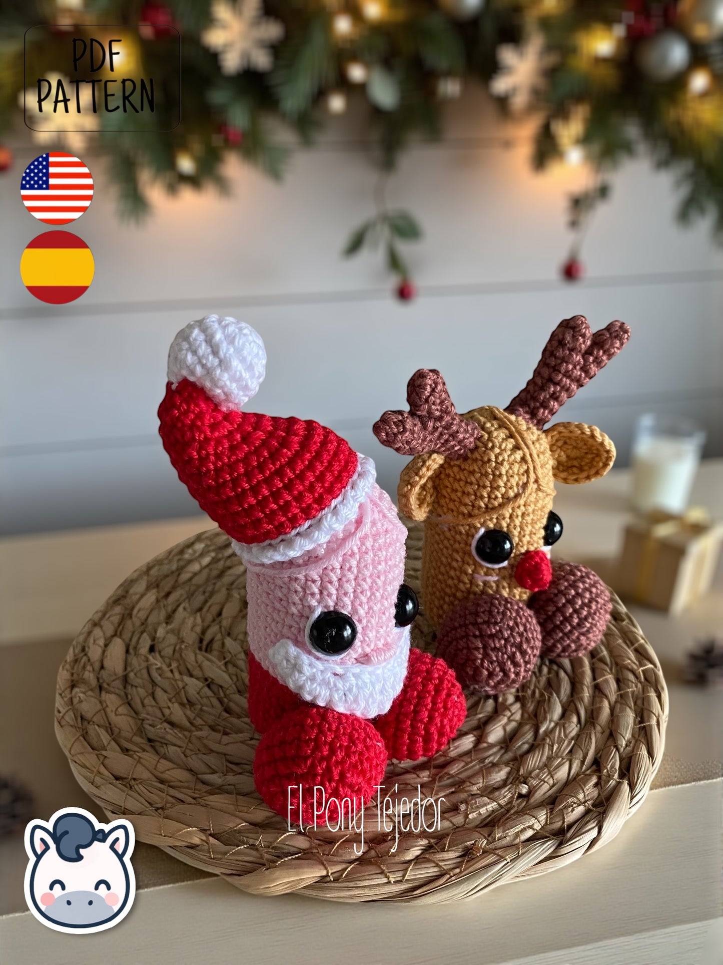 Handmade Santa & Reindeer willy amigurumi inspired by festive Christmas ornaments, funny holiday crochet pattern PDF perfect for fans of cozy handmade decorations.