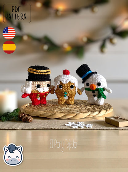 Handmade Christmitos amigurumi set with Snowman, Gingerbread Cookie and Nutcracker, cute Christmas crochet pattern PDF perfect for festive décor, holiday gifts and fans of cozy winter handmade crafts.