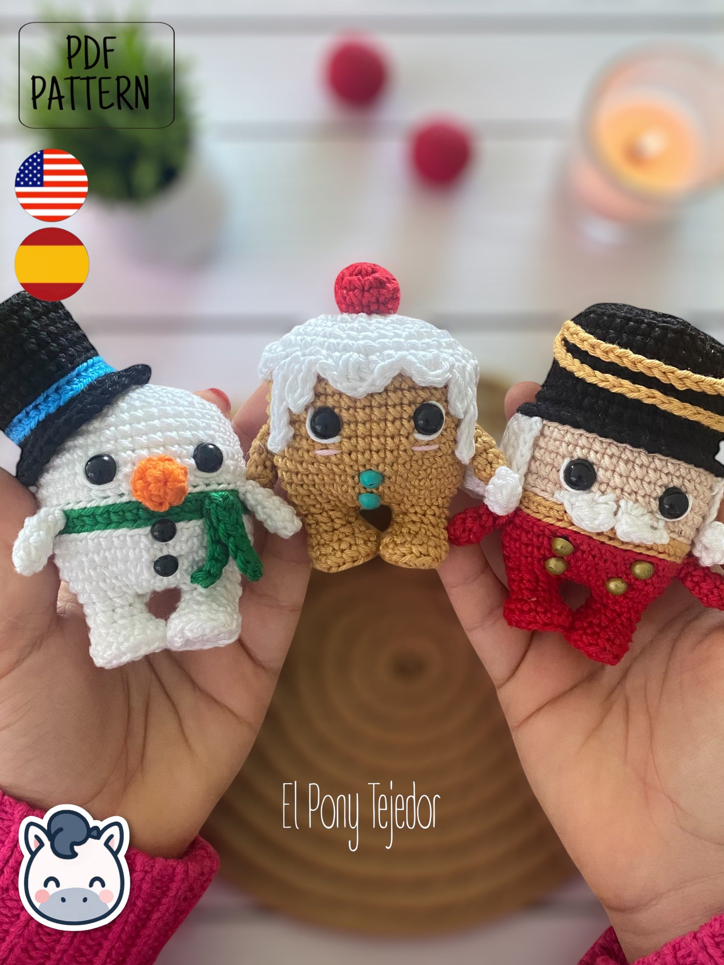 Handmade Christmitos amigurumi set with Snowman, Gingerbread Cookie and Nutcracker, cute Christmas crochet pattern PDF perfect for festive décor, holiday gifts and fans of cozy winter handmade crafts.