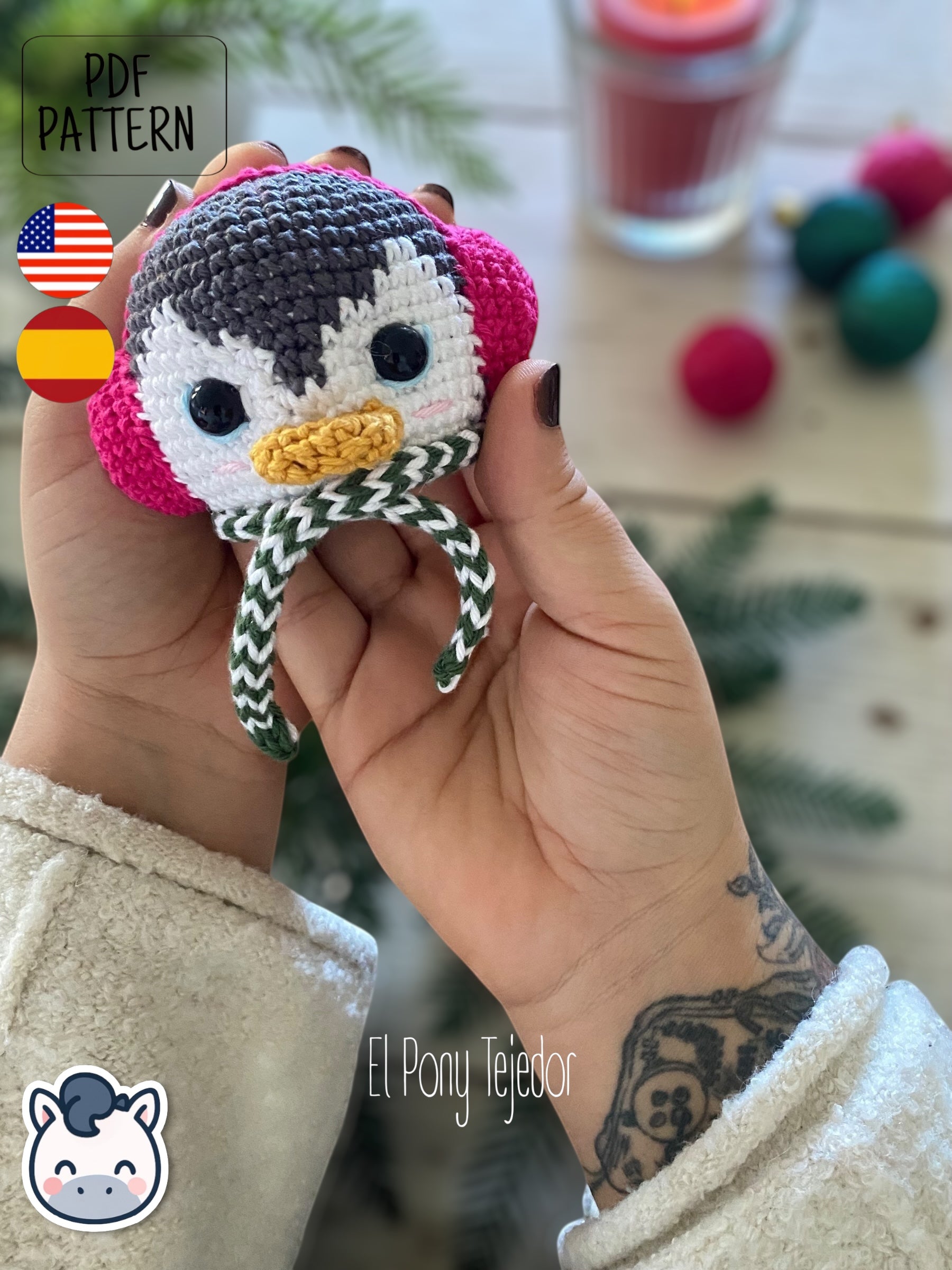 Handmade Christmas amigurumi ornaments featuring a snowman, penguin and polar bear, cute winter crochet pattern PDF for holiday tree decoration.