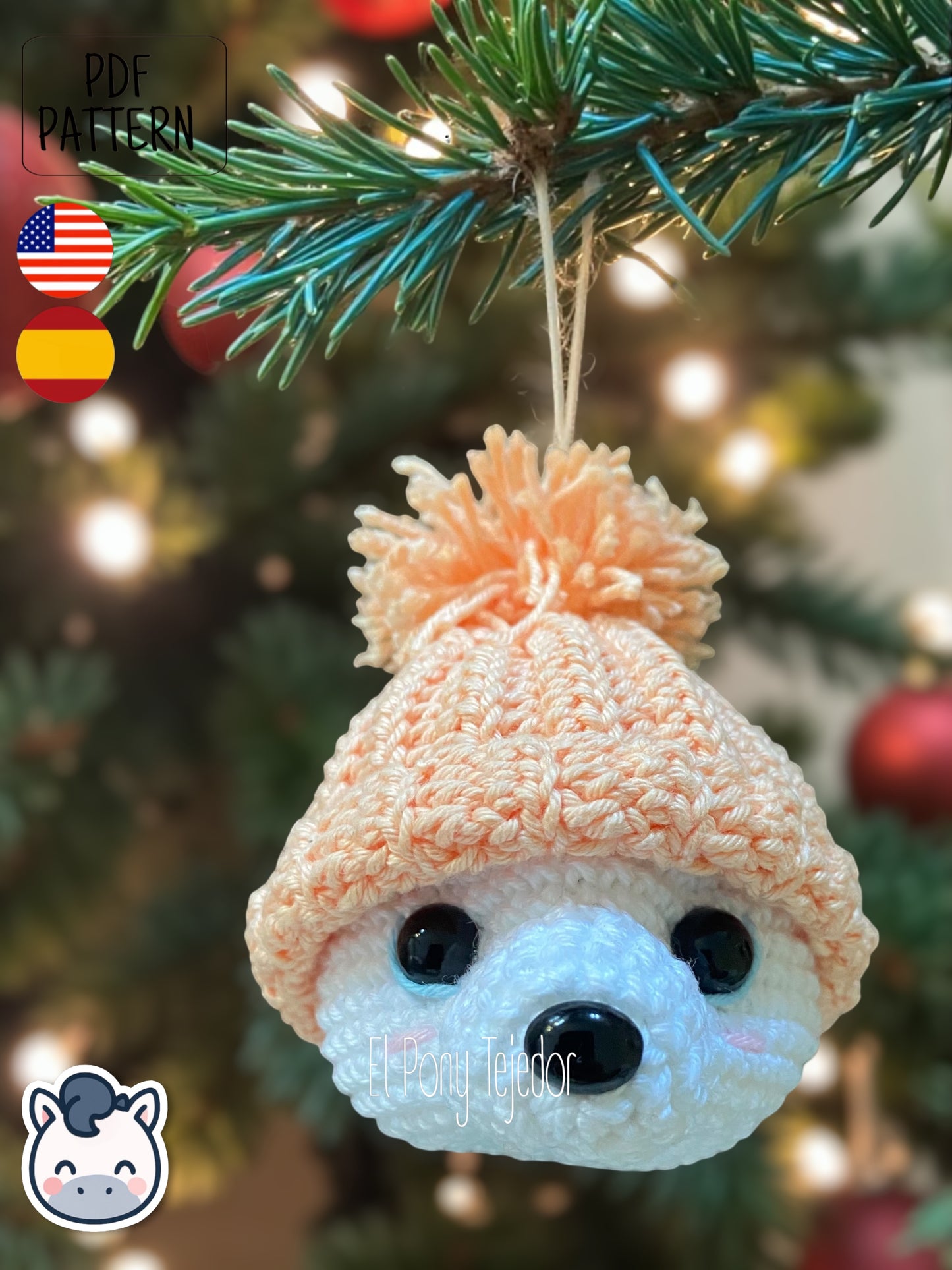 Handmade Christmas amigurumi ornaments featuring a snowman, penguin and polar bear, cute winter crochet pattern PDF for holiday tree decoration.