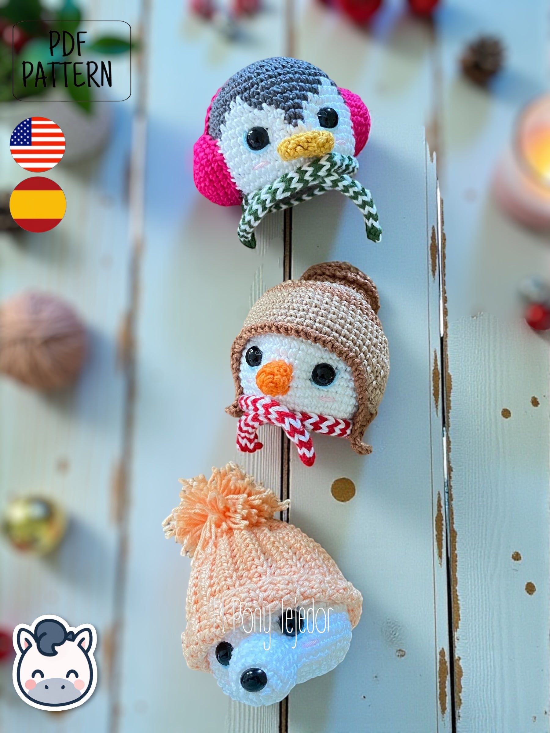 Handmade Christmas amigurumi ornaments featuring a snowman, penguin and polar bear, cute winter crochet pattern PDF for holiday tree decoration.