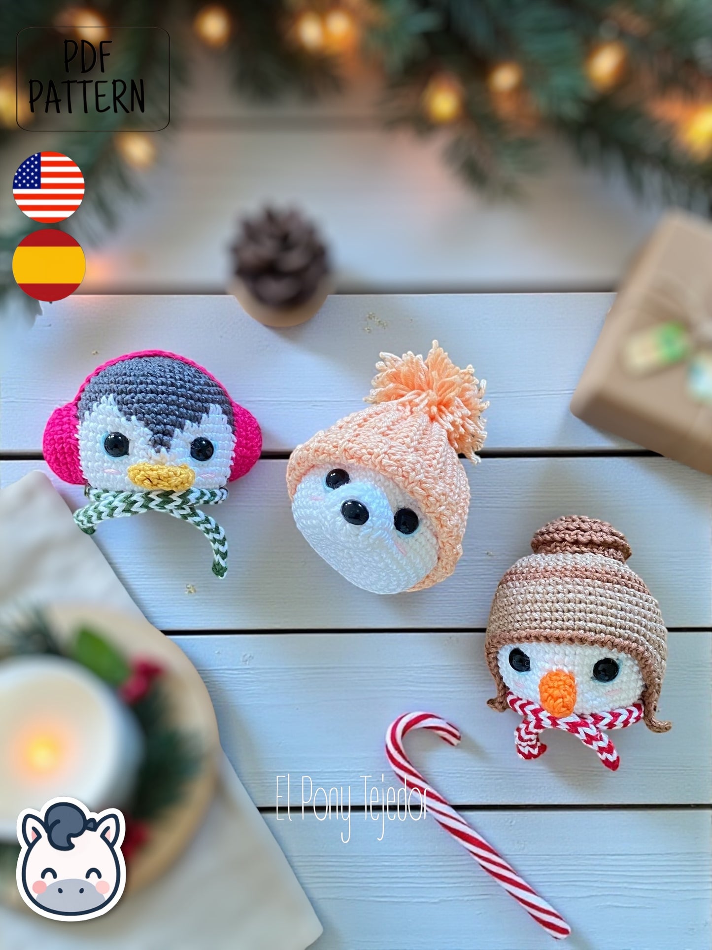 Handmade Christmas amigurumi ornaments featuring a snowman, penguin and polar bear, cute winter crochet pattern PDF for holiday tree decoration.