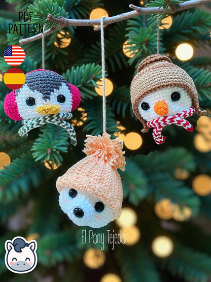 Handmade Christmas amigurumi ornaments featuring a snowman, penguin and polar bear, cute winter crochet pattern PDF for holiday tree decoration.