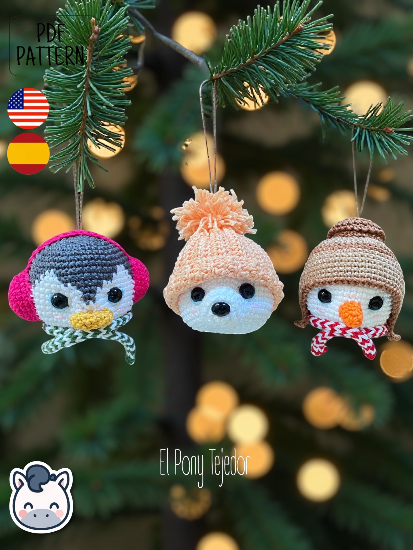 Handmade Christmas amigurumi ornaments featuring a snowman, penguin and polar bear, cute winter crochet pattern PDF for holiday tree decoration.