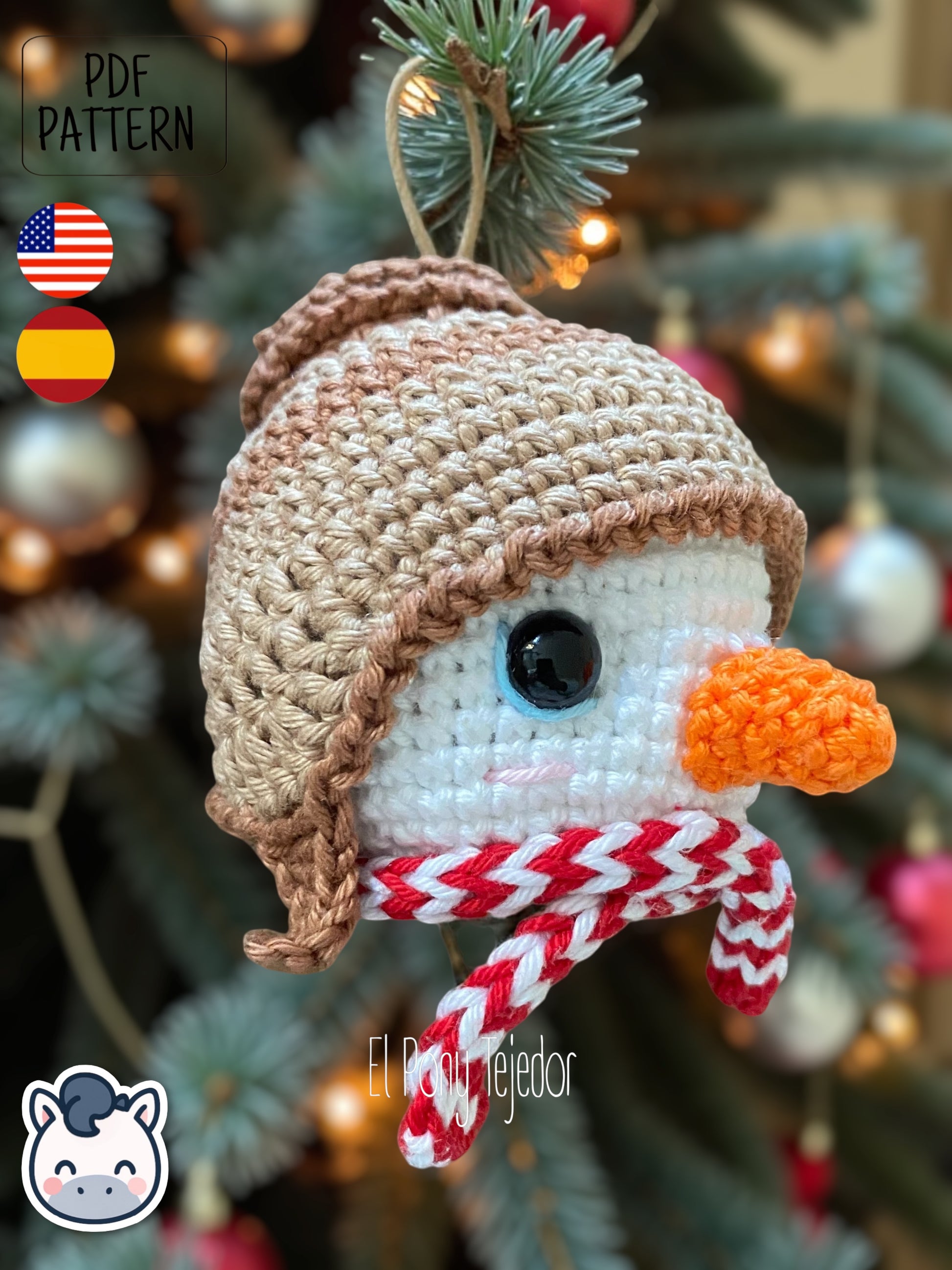 Handmade Christmas amigurumi ornaments featuring a snowman, penguin and polar bear, cute winter crochet pattern PDF for holiday tree decoration.