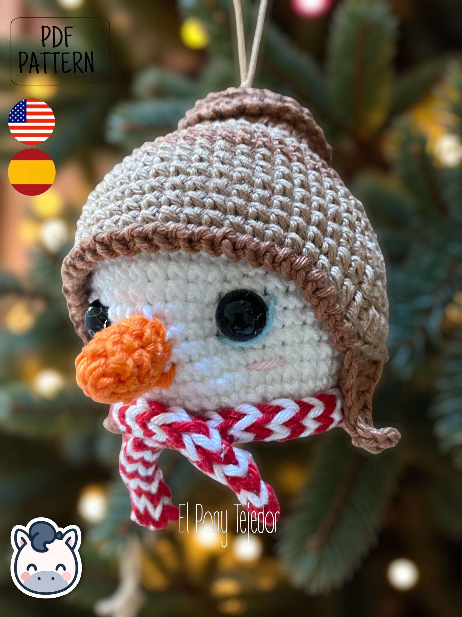 Handmade Christmas amigurumi ornaments featuring a snowman, penguin and polar bear, cute winter crochet pattern PDF for holiday tree decoration.