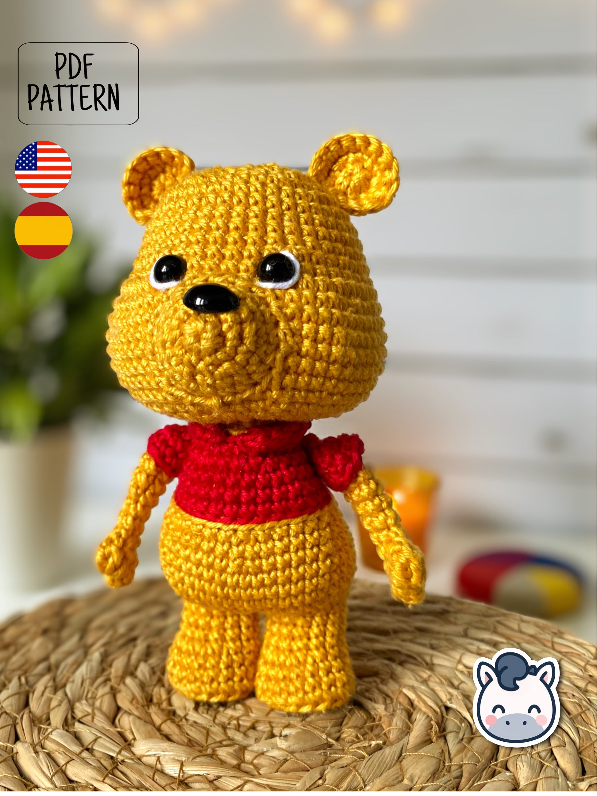 Handmade Winnie the Pooh amigurumi inspired by Disney’s classic character from the Hundred Acre Wood, cute crochet pattern PDF perfect for fans of Winnie the Pooh, Piglet, and Disney plush toys.