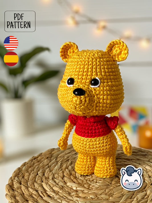 Handmade Winnie the Pooh amigurumi inspired by Disney’s classic character from the Hundred Acre Wood, cute crochet pattern PDF perfect for fans of Winnie the Pooh, Piglet, and Disney plush toys.