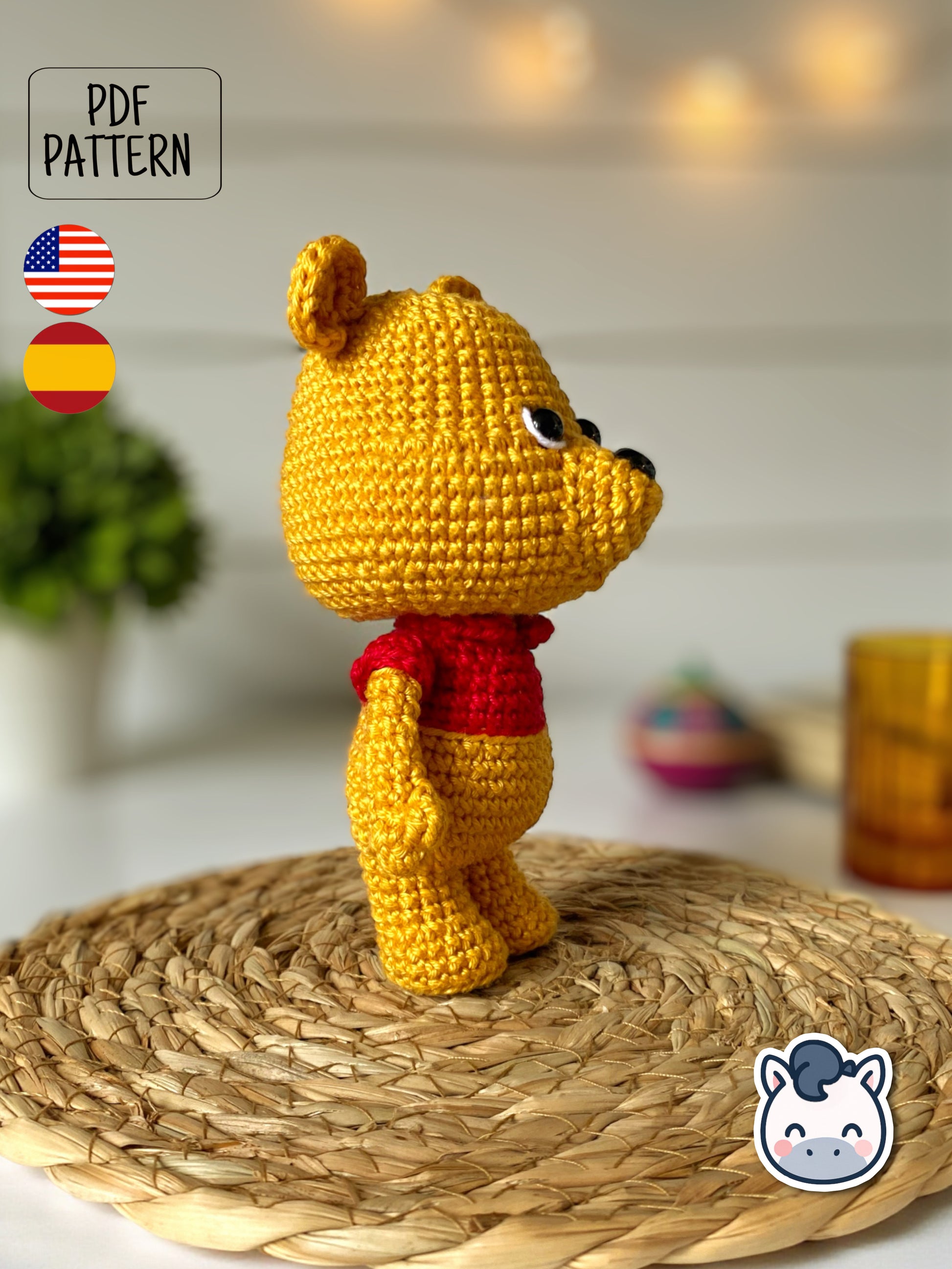 Handmade Winnie the Pooh amigurumi inspired by Disney’s classic character from the Hundred Acre Wood, cute crochet pattern PDF perfect for fans of Winnie the Pooh, Piglet, and Disney plush toys.