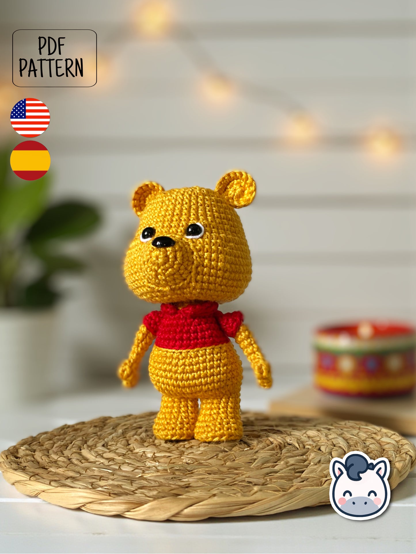 Handmade Winnie the Pooh amigurumi inspired by Disney’s classic character from the Hundred Acre Wood, cute crochet pattern PDF perfect for fans of Winnie the Pooh, Piglet, and Disney plush toys.
