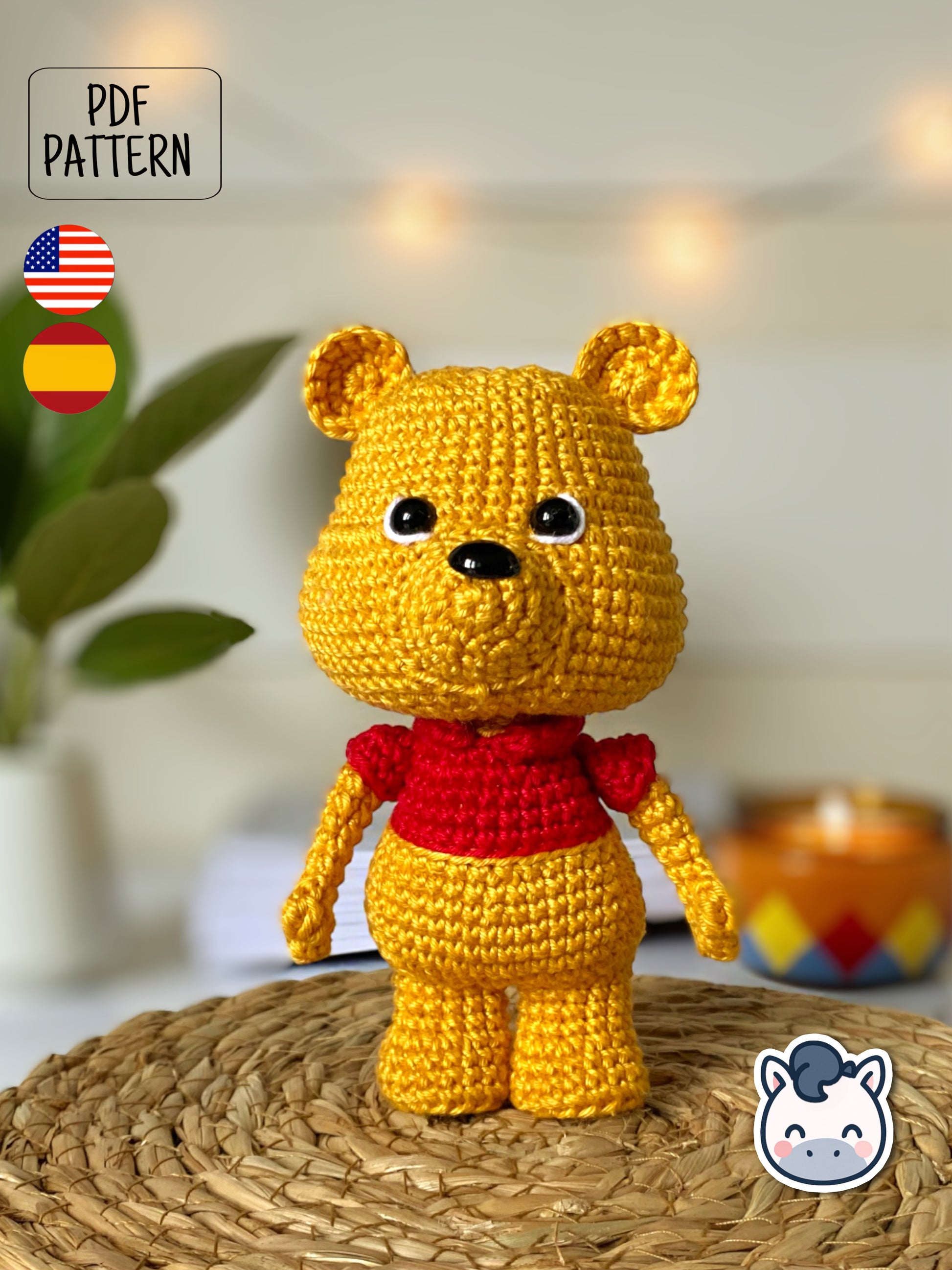 Handmade Winnie the Pooh amigurumi inspired by Disney’s classic character from the Hundred Acre Wood, cute crochet pattern PDF perfect for fans of Winnie the Pooh, Piglet, and Disney plush toys.