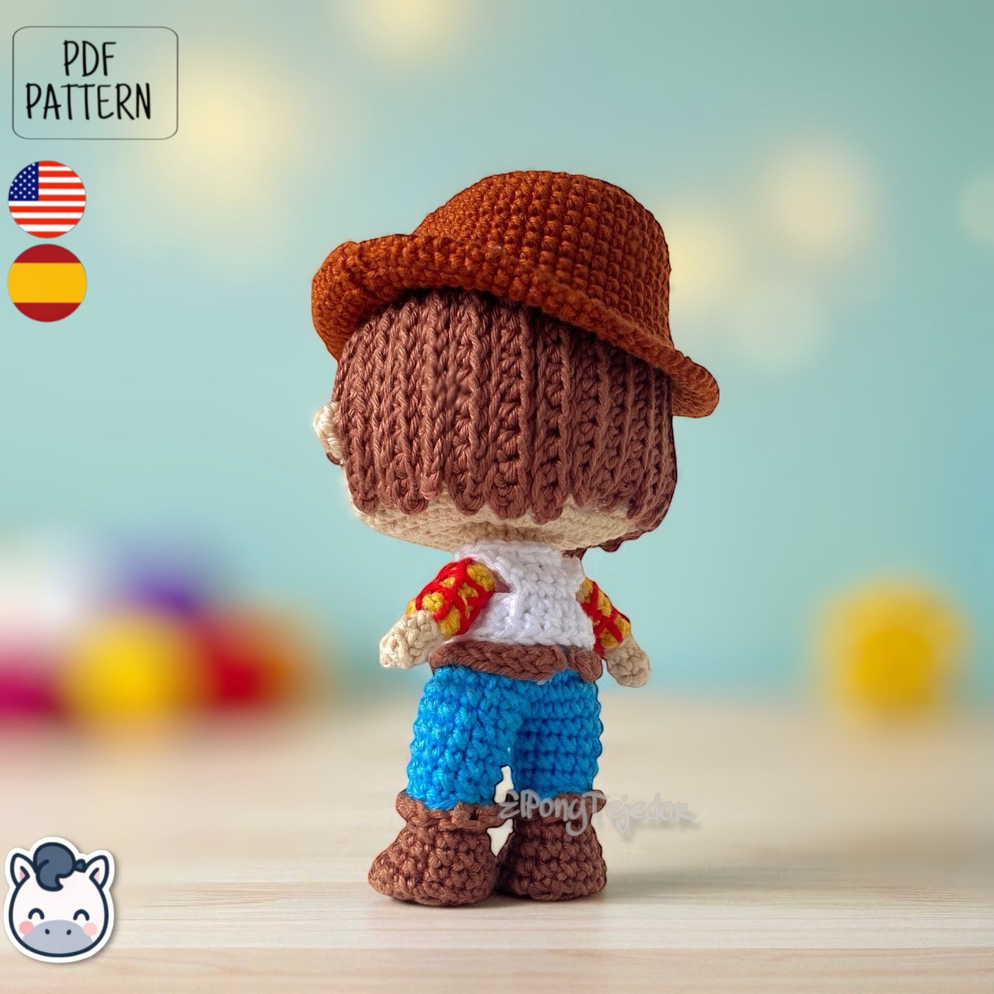Handmade Woody amigurumi inspired by Disney Pixar’s Toy Story, a perfect crochet pattern for fans of cowboys, Western style, and animation classics.