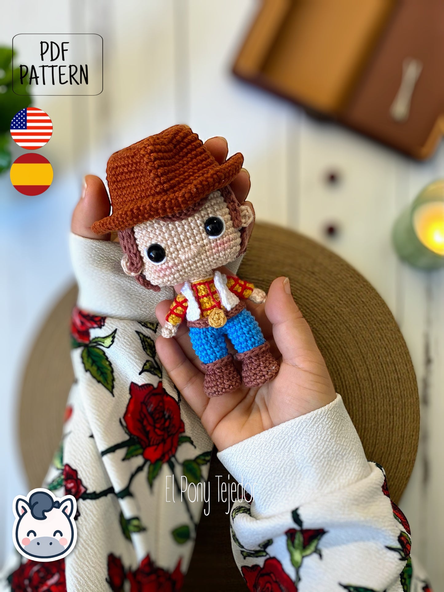Handmade Woody amigurumi inspired by Disney Pixar’s Toy Story, a perfect crochet pattern for fans of cowboys, Western style, and animation classics.