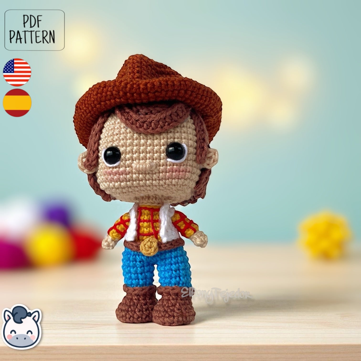 Handmade Woody amigurumi inspired by Disney Pixar’s Toy Story, a perfect crochet pattern for fans of cowboys, Western style, and animation classics.
