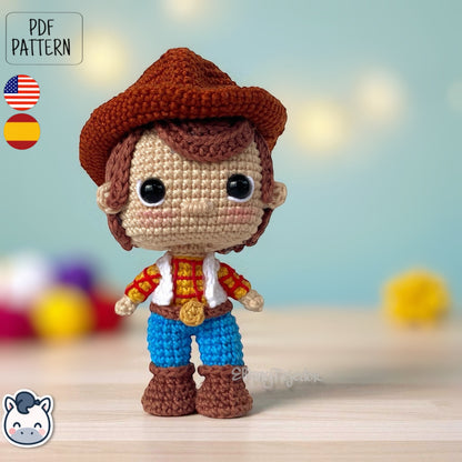 Handmade Woody amigurumi inspired by Disney Pixar’s Toy Story, a perfect crochet pattern for fans of cowboys, Western style, and animation classics.