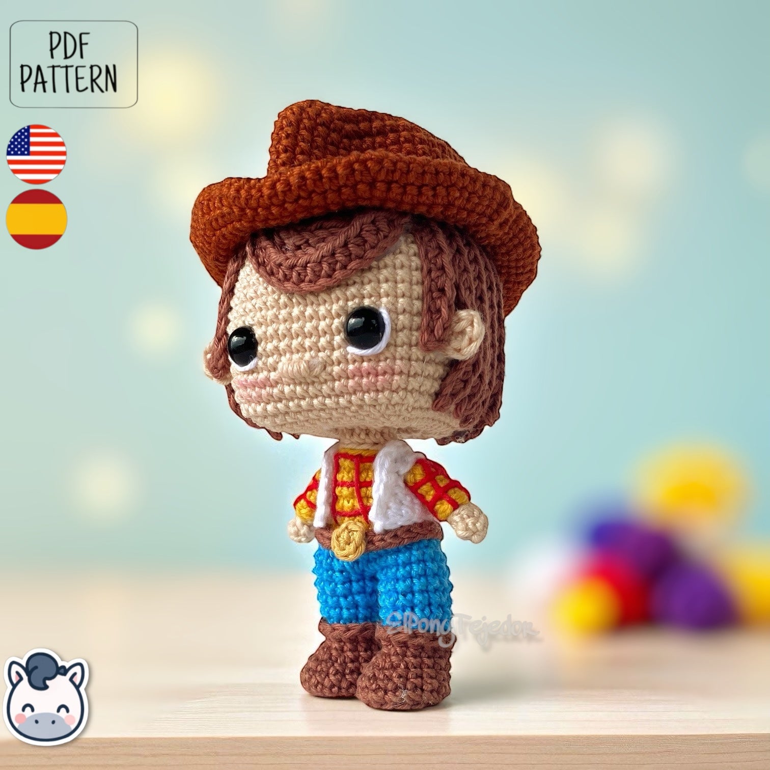 Handmade Woody amigurumi inspired by Disney Pixar’s Toy Story, a perfect crochet pattern for fans of cowboys, Western style, and animation classics.