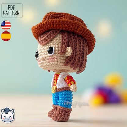 Handmade Woody amigurumi inspired by Disney Pixar’s Toy Story, a perfect crochet pattern for fans of cowboys, Western style, and animation classics.