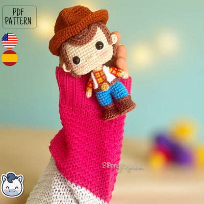 Handmade Woody amigurumi inspired by Disney Pixar’s Toy Story, a perfect crochet pattern for fans of cowboys, Western style, and animation classics.