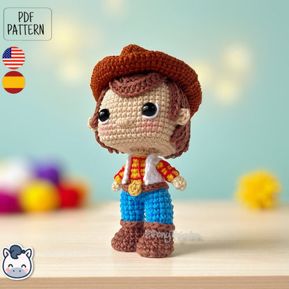 Handmade Woody amigurumi inspired by Disney Pixar’s Toy Story, a perfect crochet pattern for fans of cowboys, Western style, and animation classics.