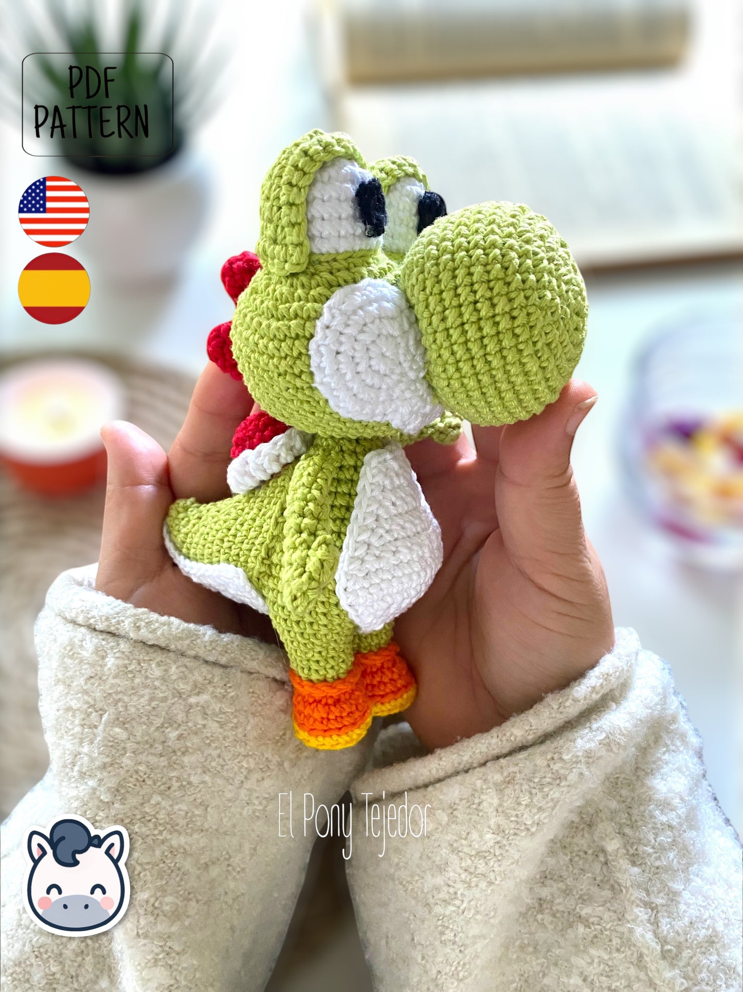 Handmade Yoshi amigurumi inspired by Nintendo’s Super Mario Bros, cute geek plush crochet pattern PDF. Perfect pattern for fans of Nintendo, Mario, and Mushroom Kingdom adventures.