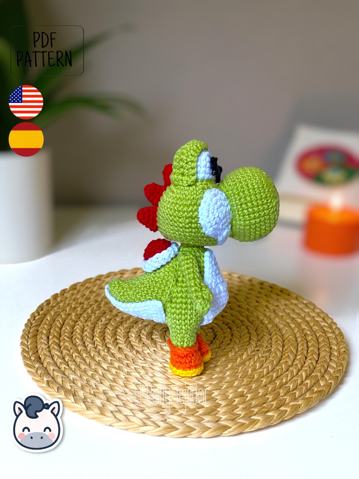 Handmade Yoshi amigurumi inspired by Nintendo’s Super Mario Bros, cute geek plush crochet pattern PDF. Perfect pattern for fans of Nintendo, Mario, and Mushroom Kingdom adventures.