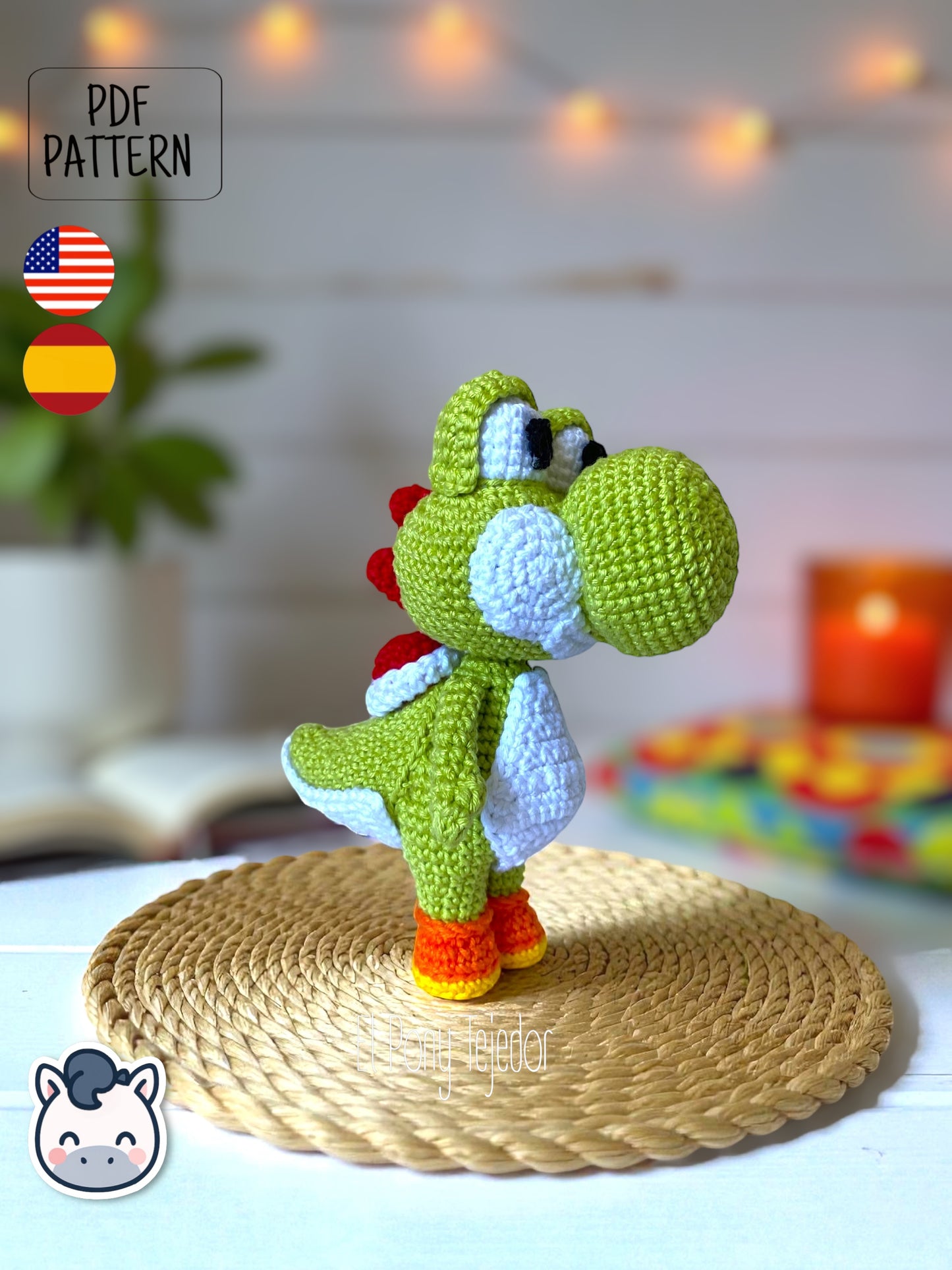 Handmade Yoshi amigurumi inspired by Nintendo’s Super Mario Bros, cute geek plush crochet pattern PDF. Perfect pattern for fans of Nintendo, Mario, and Mushroom Kingdom adventures.